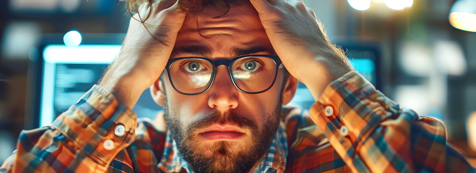 Man zit met gesloten ogen en een hand op zijn hoofd achter een laptop en beeldschermen, als herkenbaar beeld van burn-out en langdurige werkstress.