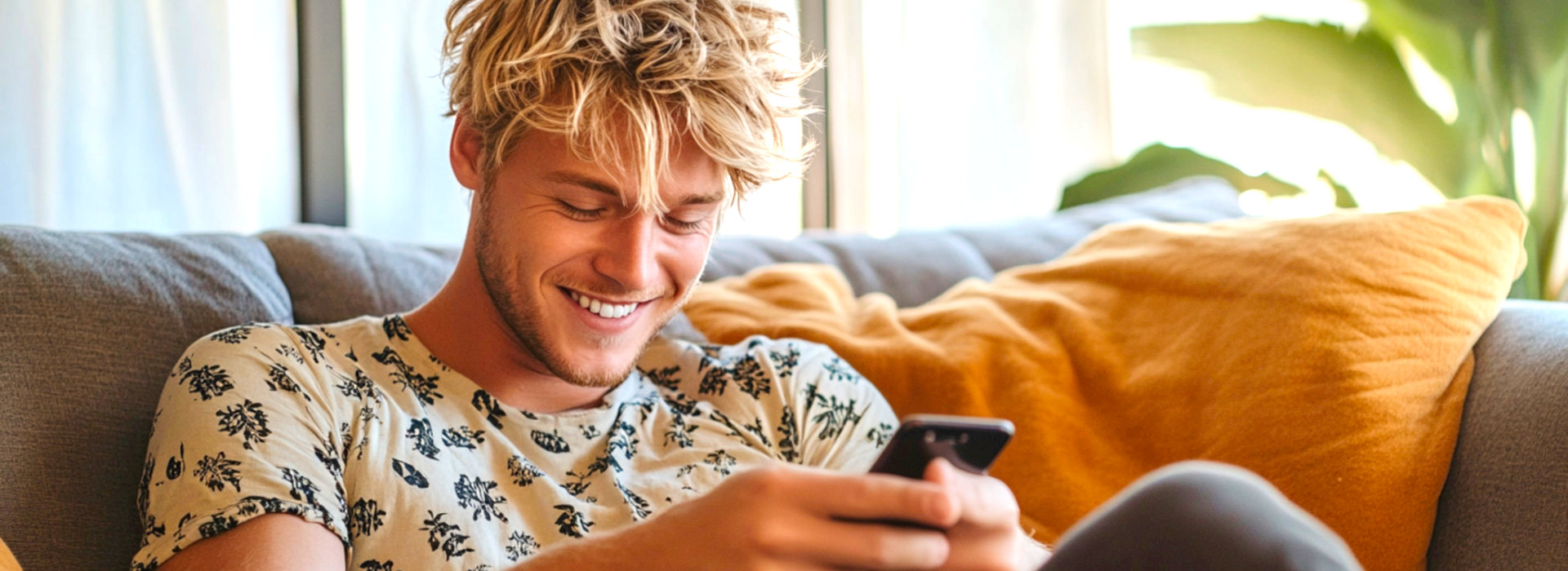 Man zit thuis ontspannen op de bank en gebruikt zijn smartphone, beeld bij Contact en kennismaken met Spreek met Freek.