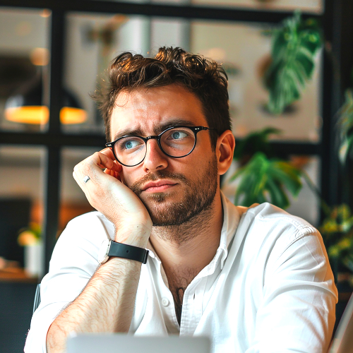 Man met bril kijkt peinzend voor zich uit, beeld bij de webpagina Goed genoeg.