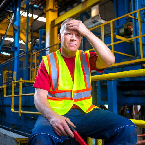 Man in werkkleding zit vermoeid met hand op zijn voorhoofd in een industriële werkomgeving, beeld bij Haastig leven.