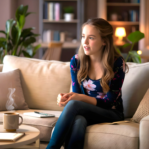 Vrouw zit op een bank tijdens een persoonlijk gesprek, beeld bij Mijn coachingsfilosofie en de eigen regie van de cliënt.