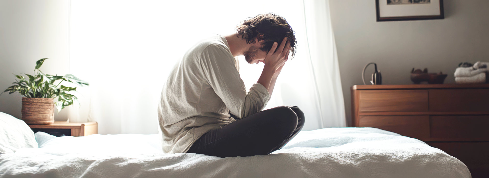 Man zit verdrietig voorovergebogen op bed bij rouw en verlies, coaching online en in Drachten.