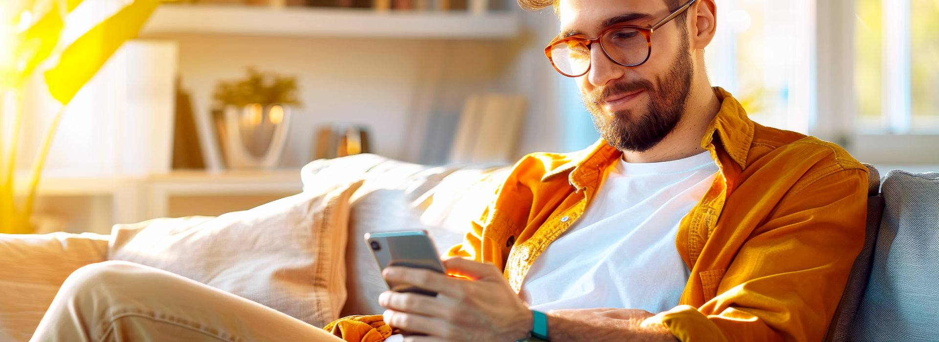 Man bekijkt thuis zijn smartphone op de bank, beeld bij Tarieven voor coaching van Spreek met Freek.