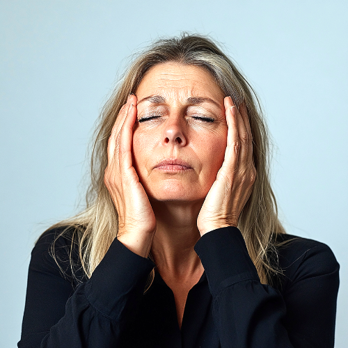 Vrouw met gesloten ogen houdt beide handen tegen haar gezicht, beeld bij Verleden loslaten.