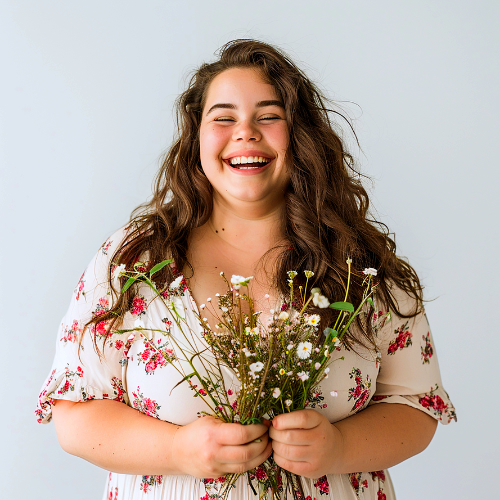 Lachende vrouw met bloemen in haar handen, beeld bij Zelflef, zelfacceptatie en vertrouwen in jezelf.