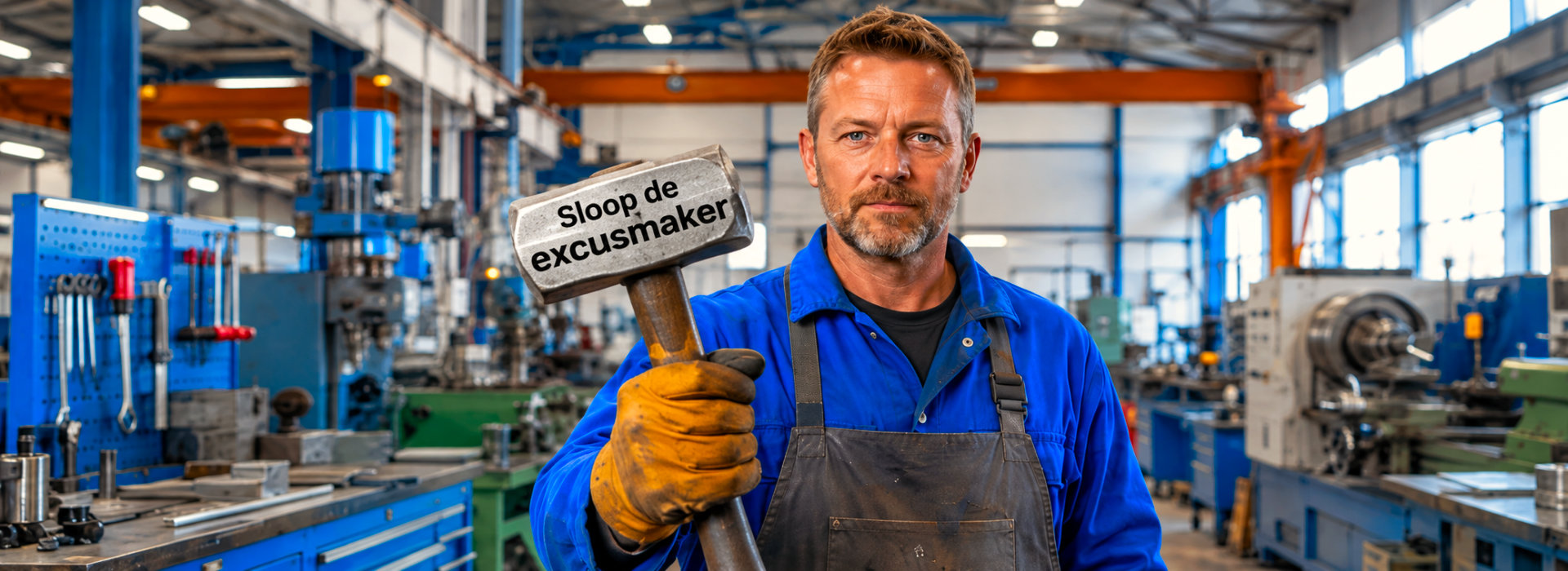 Medewerker in werkplaats met hamer waarop Sloop de excuusmaker staat