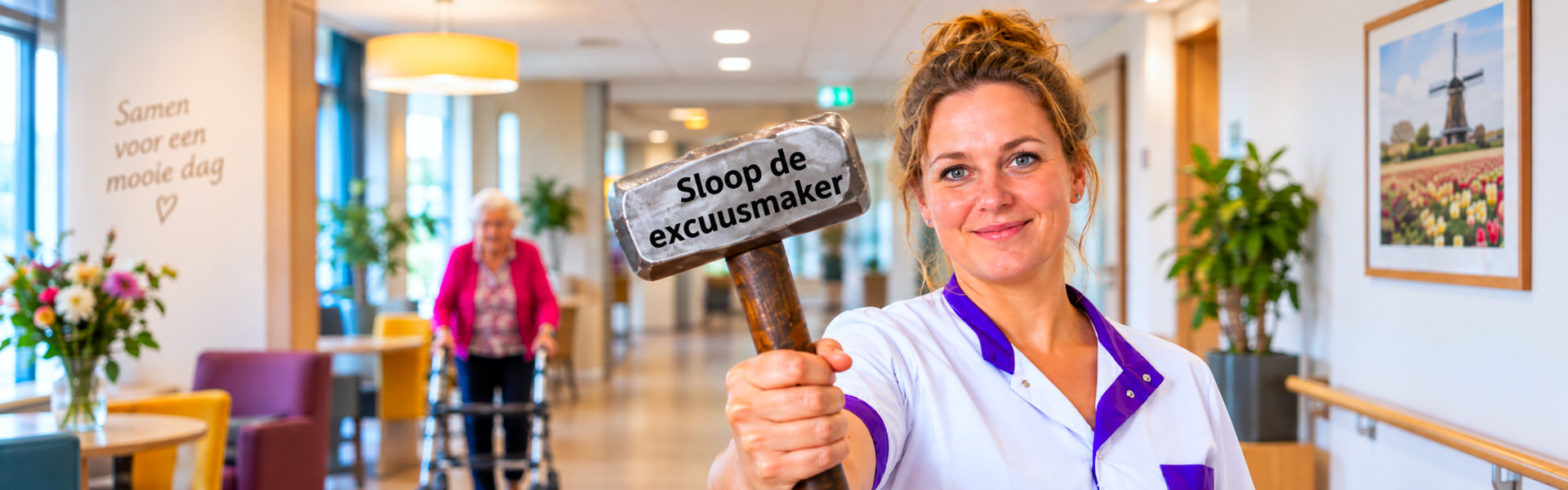 Medewerker houdt met een glimlach een sloophamer vast als beeld bij coaching rond uitstel, excuusgedrag en verantwoordelijkheid bij Spreek met Freek.