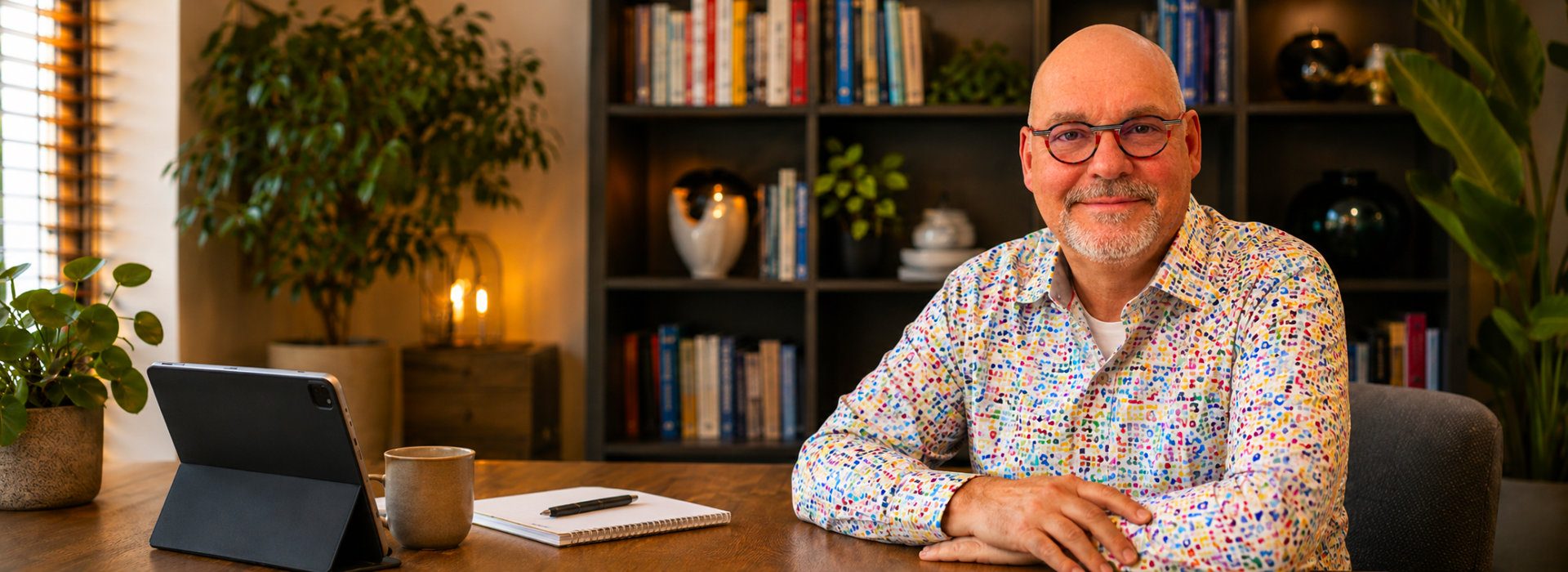 Coach en psycholoog Freek Offeringa in een warme spreekkamer met boeken, planten, tablet, schrijfblok en rustige professionele sfeer.