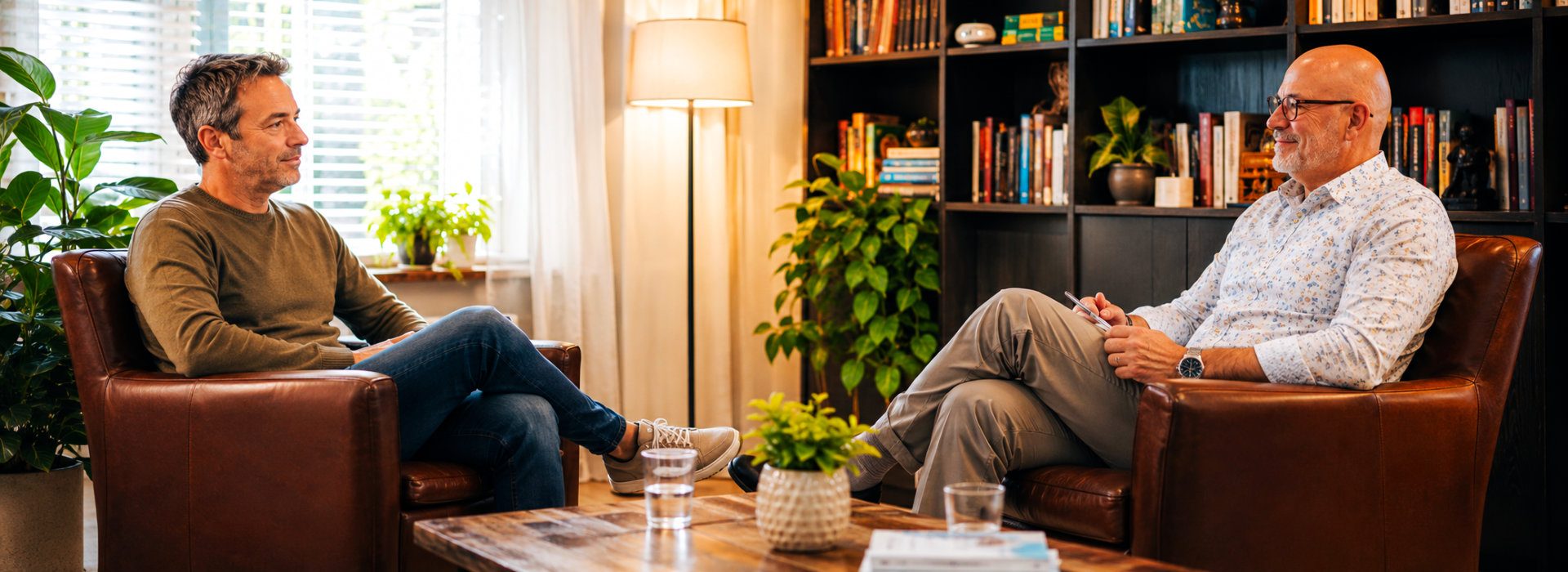 Twee mannen in gesprek in een warme coachingsruimte bij Spreek met Freek